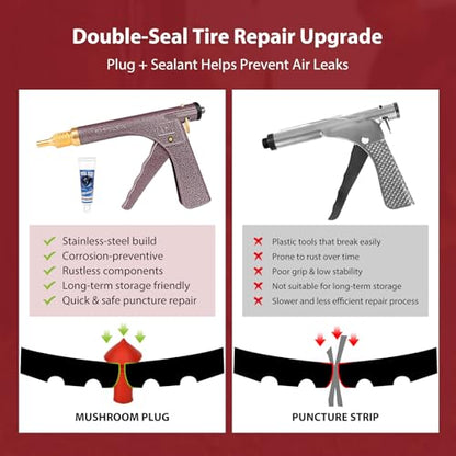 Tire Gun Puncture Repair Kit with Mushroom Plug - Complete Tire Plug Kit for Car, Motorcycle, Tractor, SUV, Truck & ATV - Portable Repair Tool Box