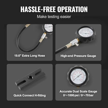 Diesel Engine Compression Tester: 18-Piece Cylinder Pressure Test Tool Kit with 0-1000 PSI Gauge and Adapters for Diesel Trucks, Tractors, and Equipment