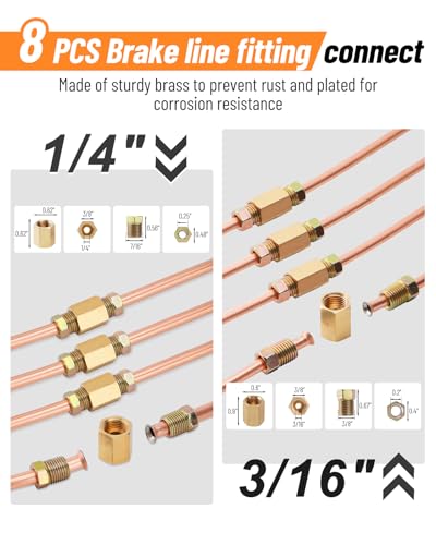 25 ft 3/16" + 1/4" Copper Coated Brake Line Kit (Includes 32 Fittings and 8 Unions)+ Brake Line Double & Single Flaring Tool Kit