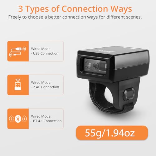 1D 2D Wearable Ring Barcode Scanner, Portable Mini Barcode Reader with 3-in-1 Bluetooth & USB Wired & 2.4G Wireless, Compatible with iOS, Android, Windows, Mac Tablets Or PC