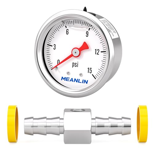 MEANLIN MEASURE 0-15Psi Stainless Steel Glycerin Filled Pressure Gauge 1/8" NPT 1.5" Face Dial, with 3/8" Barb Pressure Adapter, 9-Piece Kit, Back Mount - size: 0-15Psi