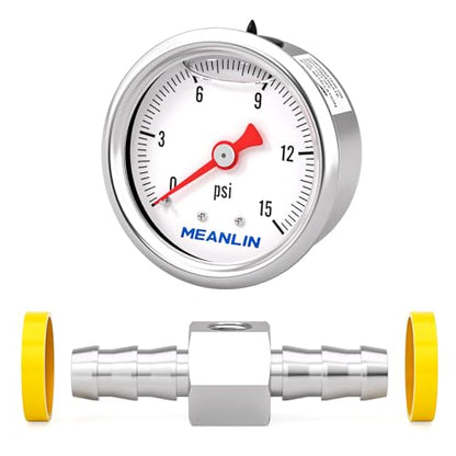 MEANLIN MEASURE 0-15Psi Stainless Steel Glycerin Filled Pressure Gauge 1/8" NPT 1.5" Face Dial, with 3/8" Barb Pressure Adapter, 9-Piece Kit, Back Mount - size: 0-15Psi