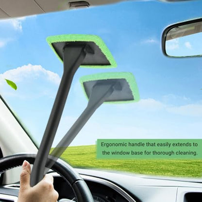 Car Windshield Cleaning Tool, Windshield Cleaner with 5 Reusable Microfiber Pads and Extendable Handle, Auto Glass Wiper Kit for Interior/Exterior Dirty Car Windows(Color:Green)