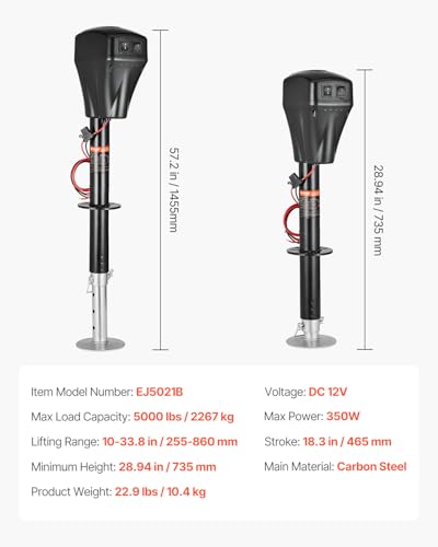 VEVOR Electric Trailer Jack, 5000 lbs, Heavy Duty RV Electric Power Tongue Jack with 2 Way Connector, Manual Crank Handle & Weatherproof Jack Cover, 10"-28.3" Lift, for RVs, Trailers & Campers, Black - size: 5000 lbs