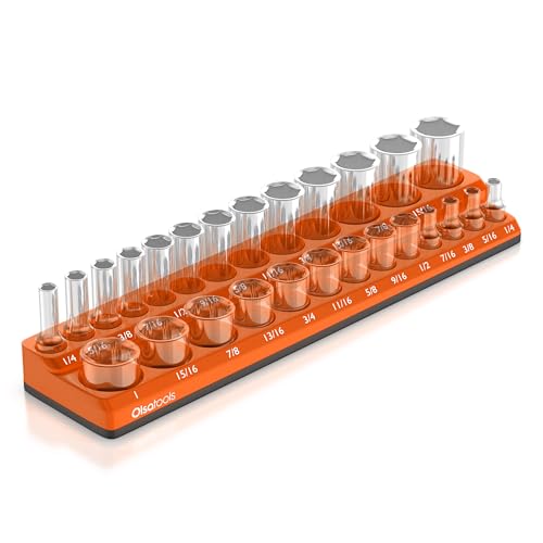 Olsa Tools Magnetic Socket Organizer - 3/8-Inch Drive SAE Socket Holder with Strong Magnets - Professional Tool Holder and Organizer - Stores up to 26 Sockets - Orange - Part: 1291 - color: Orange, Sae, size: 3/8-Inch Drive, SAE