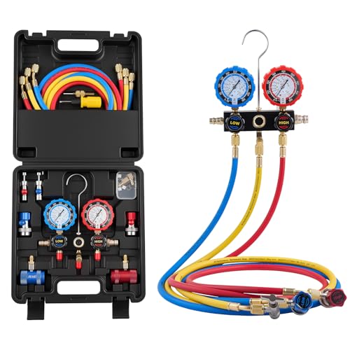 VEVOR AC Manifold Gauge Set for R134a R404A R1234yf R22 Refrigerant, 3 Way AC Gauge with 5 ft Hoses, Adapters, Quick Couplers, Can Taps for Automotive Air Conditioning Maintenance, Charging Evacuation - size: R134a/R404A/R1234yf/R22, style: 3 Way with Box