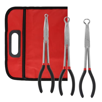 3pcs Long Reach Hose Grip Pliers Set, 11" Long Pliers, 3/8-Inch, 1/2-Inch, 3/4-Inch Dia, Offset Spark Plug Boot Removal Plier Serrated Jaws for Hard to Reach Narrow Space(COLOR:black red)