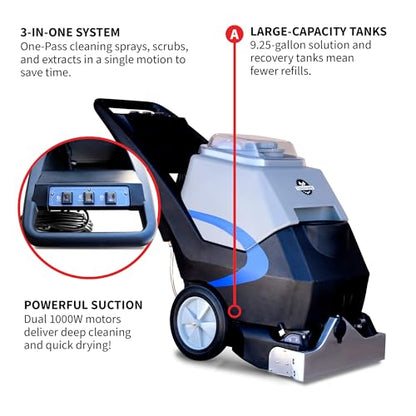 Tomahawk 3-in-1 Commercial Carpet Extractor 18” Path, 9 Gal Tanks, Dual 1000W Motors For Hotels, Offices, Upholstery & More