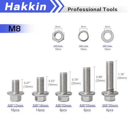 M8 Bolts, 200PCS Flange Hex Bolts and Nuts Kit, M8-1.25 x 16/20/25/30/35mm Flanged Hex Head Bolts Flange Hexagon Screws, Hakkin 304 Stainless Steel M8 Metric Nuts Screws Flat & Lock Spring Washers - size: 200PCS M8 Flanged Bolts Silver