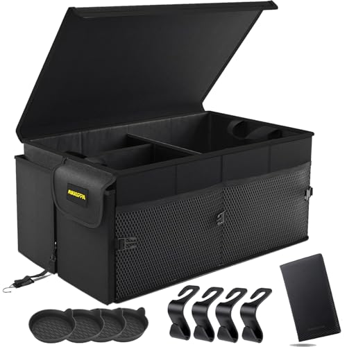 MIKKUPPA Car Trunk Organizer Set - 65L Collapsible Trunk Organizer with Lid, Registration and Insurance Holder with Magnetic Shut, 4 Pcs Car Seat Headrest Hook and Cup Holder Coaster (Black) - color: Black, size: Large - Car Interior Storage Set