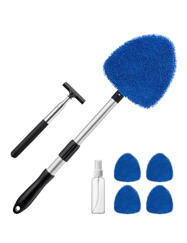 AstroAI Car Windshield Cleaner Tool, Window Cleaning Kit with 39in Car Mirror Squeegee, 4 Reusable Microfiber Pads and Extendable Handle, Blue - style: with a Mirror Squeegee