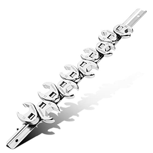 WORKPRO 3/8" Drive Flare Nut Wrench Set, 10-piece Crowfoot Flare Nut Tool Kit, Metric 10-19mm, Steel Wrench With Storage Rail for Nut Removal - size: Flare Nut Metric