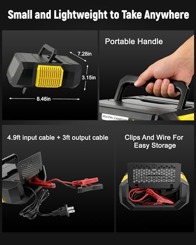 1-20A Smart Battery Charger, 12V/24V Automatic Automotive Battery Maintainer & Desulfator with Temperature Compensation, Adjustable Amp Trickle Charger for Lead-Acid, AGM, Gel, LiFePO4 - color: Yellow