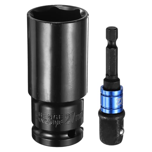 HARFINGTON Deep 6-Point Impact Socket 1/2" Drive 27mm Metric Socket 3" Length with 1/4" Hex Shank Adapter, CR-V Steel Socket Adapter Accessory Tool Set Kit for Hex Bolts Nuts - size: 27mm