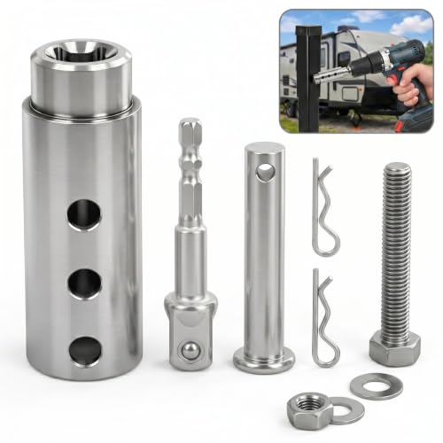 Trailer Jack Drill Adapter, Stainless Steel 1 Inch Drive Shaft Adapter for Electric Drill, Heavy Duty Jack Adapter Tool & 1/2 Inch Socket Bit for RV, Construction, Dump Trailers