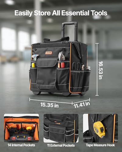 VEVOR 15" Rolling Tool Bag, 110 lbs Load Capacity, 25 Pockets Heavy Duty Roller Tool Bag on Wheels, Adjustable Telescoping Handle & Stable Base, Toolbag Organizers w/Wheels for Construction, Mechanic - size: 15 in