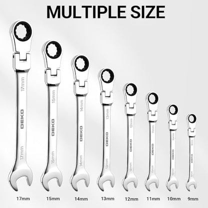 DEKOPRO 8-PC Flex Head Ratcheting Wrench Set, Metric Standard 9-17mm, 72-Tooth Cr-V Combination Wrenches with Portable Pouch for Mechanics & Home Maintenance - size: Metric