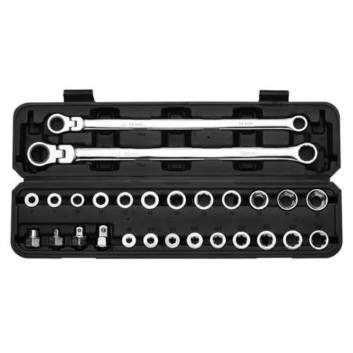 EMENTOL 27PCS Extra Long Flex Head Ratcheting Wrench Set, CR-V, Double Box End Ratchet Wrench Set with 8mm - 22mm, E8 - E22, 1/4", 3/8", 1/2" Socket Adapters Replacement Heads