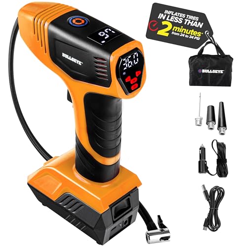 EMSON Bullseye Pro ASON TV Digital Tire Inflator Automatic 150 PSI w/Gauge Display Screen & Pre-set Pressure in KPA,PSI,BAR,Kg/cm,Built-in LED Lights,Rechargeable,Air Compressor,Car Tire Pump,Orange - color: Orange