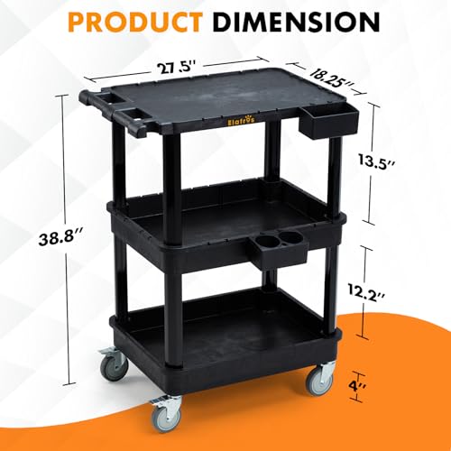 ELAFROS 3-Tier Flat Top & Deep Tub Rolling Utility Cart, 27.5 x 18.25 in | 330 lbs Capacity, Heavy Duty Plastic, 4-Inch Wheels, Service Cart, Work Cart, Storage Organizer, Office Workshop Warehouse