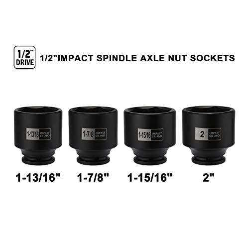 Mayouko 4PCS 1/2" Drive SAE Spindle Axle Nut Impact Socket Set, 1-13/16, 1-7/8, 1-15/16, 2 Inch, 6 Point, CR-MO, Standard - size: 4PCS:1-13/16" - 2"(Standard)