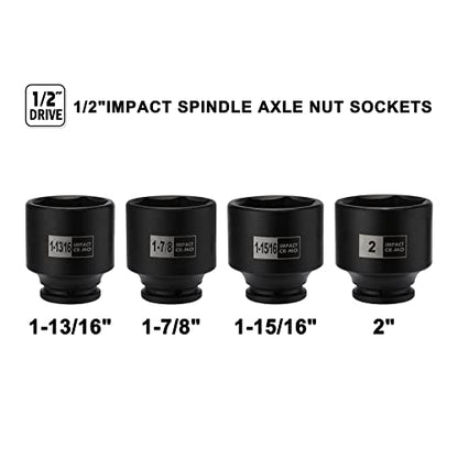 Mayouko 4PCS 1/2" Drive SAE Spindle Axle Nut Impact Socket Set, 1-13/16, 1-7/8, 1-15/16, 2 Inch, 6 Point, CR-MO, Standard - size: 4PCS:1-13/16" - 2"(Standard)