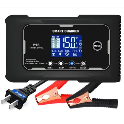 P15 12V/24V 15A Smart Car Battery Charger Maintainer, 9-Stage Charging with LCD Display, Auto Summer/Winter Mode Switching for Lead-Acid AGM Lithium LiFePO4 Batteries