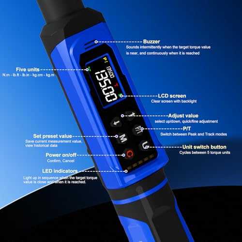 1/2" Digital Torque Wrench 1.5-99.56 Ft-lb (2-135 Nm) with 3/8" Adapter, Electronic Inch Pound Torque Wrench 3/8", 5 Units ±1% Accuracy with Buzzer & LED Alerts for Car Bike Moto - size: 1/2" 1.5-99.56 FT.LB