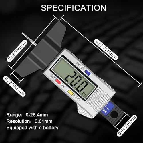 Tire Tread Depth Gauge, Digital Tire Gauge with Large LCD Display & Inch/MM Conversion, Splash-Proof, Auto-Off, in 1.04Inch/26.5mm,Tire Depth Gauge Suitable for All Vehicle Tires