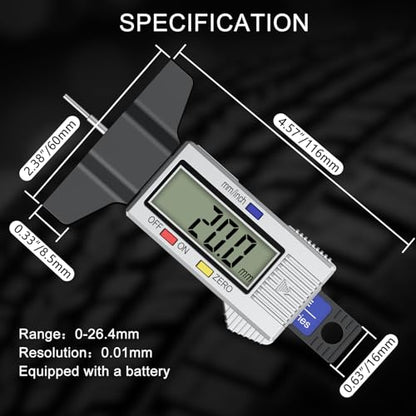 Tire Tread Depth Gauge, Digital Tire Gauge with Large LCD Display & Inch/MM Conversion, Splash-Proof, Auto-Off, in 1.04Inch/26.5mm,Tire Depth Gauge Suitable for All Vehicle Tires