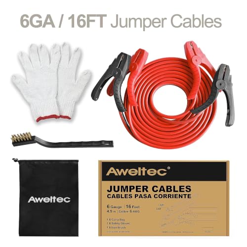 Heavy Duty Jumper Cables,6 Gauge 16 Feet Booster Battery Cable,Automotive Wires with LED Light,Alligator Clips,Carrying Bag,Safety Gloves and Iron Brush for Cars Truck - size: 6 Gauge 16 feet (LED)