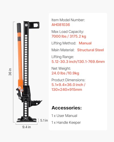 VEVOR Farm Jack, 36" Utility High Lift Farm Jack, 3.18 Ton (7,000 lbs) Capacity Ratcheting Off Road Utility Jacks, Heavy-Duty Lift Jacks with 5.12"-30.3" Lifting Range for Tractor, Truck, SUV - size: 36 inch