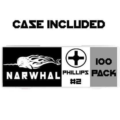 Narwhal Phillips #2 Screwdriver Impact Bits - 1 Inch (Bulk 100 Pack - Industrial Grade) Impact Rated CR-M Alloy Steel PH2 Magnetic Head Bits with Case. - style: Phillips - PH2