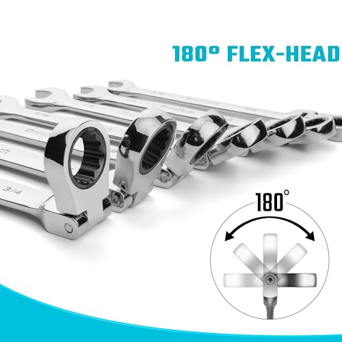 DURATECH 9-Piece Flex-Head Ratcheting Wrench Set, SAE, 5/16" to 3/4" | 5/16", 11/32", 3/8", 7/16", 1/2", 9/16", 5/8", 11/16", 3/4", 72 Tooth, CR-V Steel, Rolling Pouch Included - color: Silver, size: 5/16 - 3/4 inch