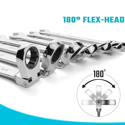 DURATECH 9-Piece Flex-Head Ratcheting Wrench Set, SAE, 5/16" to 3/4" | 5/16", 11/32", 3/8", 7/16", 1/2", 9/16", 5/8", 11/16", 3/4", 72 Tooth, CR-V Steel, Rolling Pouch Included - color: Silver, size: 5/16 - 3/4 inch