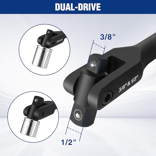WORKPRO 24-inch Dual Drive Breaker Bar, 3/8" & 1/2" Drive, Heavy Duty Breaker Bars with 360° Flex Head, Spring-loaded Detent Ball, CR-MO Head, Premium Chrome Vanadium Steel with Black Phosphate Finish - color: Black, size: 24" × Dual Drive 3/8"+1/2"