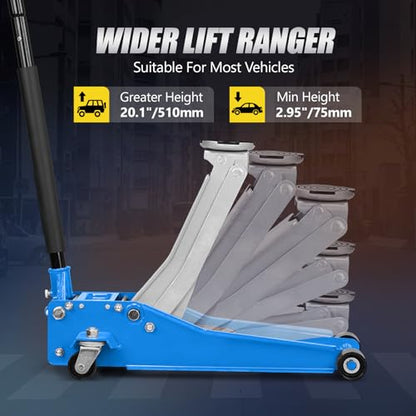 TUFFIOM 3 Ton Floor Jack, Aluminum and Steel Low Profile Jack with Dual Pistons Quick Lift Pump for Cars & SUVs, Lifting Range 2-19/20" to 20-1/10, Blue - color: Blue