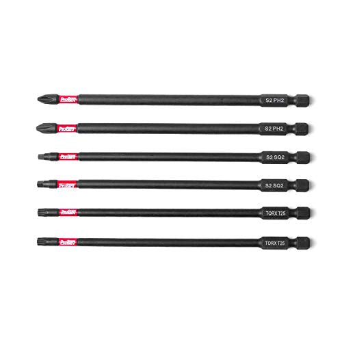 Protorq Long Impact Bit Set W/clip, 2 Phillips, 2 Square, T25 TORX, 6-Inch Length, 6-Piece,Industrial Strength, 1/4" Hex Shank - size: 6pc 6 in. PH2 SQ2 T25