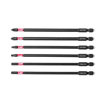 Protorq Long Impact Bit Set W/clip, 2 Phillips, 2 Square, T25 TORX, 6-Inch Length, 6-Piece,Industrial Strength, 1/4" Hex Shank - size: 6pc 6 in. PH2 SQ2 T25