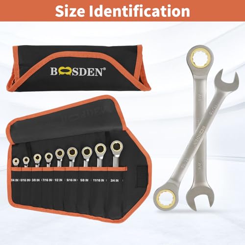 BOOSDEN 9-Piece Ratcheting Wrench Set, High-Carbon Steel Ratcheting Wrenches Set with Roll-Up Pouch, SAE 1/4-3/4" Combination Ratchet Wrench for Auto Repair, Mechanical, Household, Garage, Boat