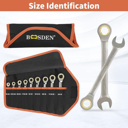 BOOSDEN 9-Piece Ratcheting Wrench Set, High-Carbon Steel Ratcheting Wrenches Set with Roll-Up Pouch, SAE 1/4-3/4" Combination Ratchet Wrench for Auto Repair, Mechanical, Household, Garage, Boat