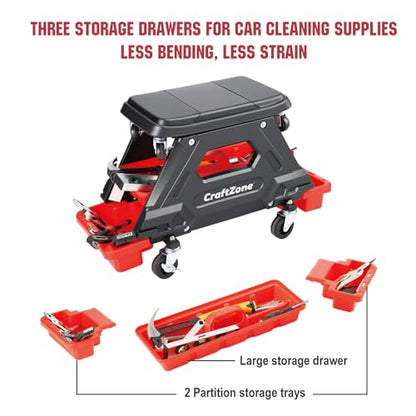 Mechanic Rolling Stool - 300 LBS Heavy Duty Mechanics Roller Seat with Wheels, 360° Swivel Capacity Garage Shop Stool with Locking Casters & Storage Trays, Tools for Automotive Auto Repair
