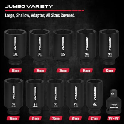 1/2 Drive Deep Impact Socket Set: 11-Piece Metric Size Wheel Axle Nut Wrench Metric Large Jumbo 27mm 29mm 30mm 31mm 32mm 33mm 34mm 35mm 36mm 38mm Spindle Joint High Torque Truck Bearing Locknut - style: 1/2" | 11-Piece Metric Jumbo