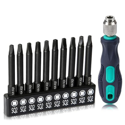 11PCS Square Drive Bits, 10PCS #2 Square Screwdriver Bits and 1PCS 1/4 Hex-Shank Magnetic Bit Driver, 2.3" Long Square Bit, S2 Alloy Steel Pocket Hole Jig System SQ2 Bits, SQ2 Impact Driver Bits - style: Square Drill Bits SQ2 60MM & Tool
