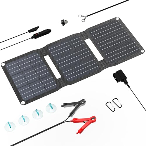 FlexSolar 15W Foldable Solar Panel Trickle Charger Maintainer Kits - 12V DC & USB Output with Built-in Controller Includes Cigarette Lighter, Alligator Clips, O-Rings,OBDII Connector for Car, Truck - color: TC-15W