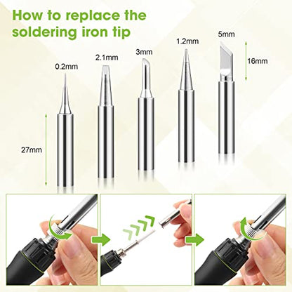 Soldering Iron Kit, Soldering Welding Iron Kit with Ceramic Heater, Portable Soldering Kit with with Tips, Solder Wick Braid, Stand, Solder Wire, Sponge, Flux Paste