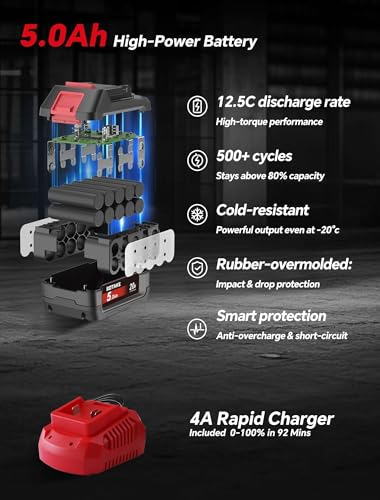 ROTAKE 20V Heavy-Duty 1/2" Cordless Impact Wrench Kit, 1380 FT-LBS, TB3 | 5.0Ah Battery, Professional Brushless Motor, 3-in-1 Unibody Hammer Housing, Soft Start, 4A Rapid Charger, Hard Carrying Case - size: 1/2" (1380 ft-lbs) TB3