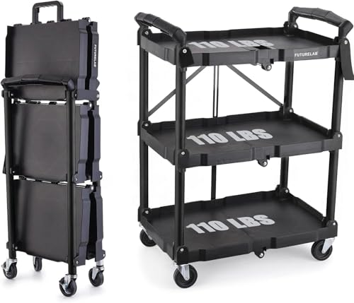 FUTURELAB Portable Folding Service Cart - 3 Tier 330LBS Capacity - Rolling Utility Foldable Cart with Wheels for Warehouse Home Workshops Garages Restaurants Offices - color: Fullblack