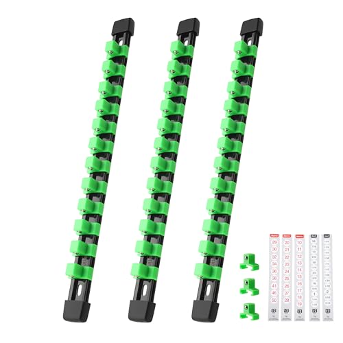 Reniteco 3-Piece Socket Organizer - 1/2-Inch Drive x 36 Clips, Heavy Duty ABS Socket Holder with Removable End Caps, Premium Socket Rail for Tool Box Drawer - color: Green, size: 1/2" DR