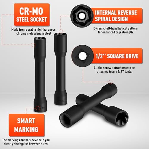 5PCS Deep Lug Nut Remover, 1/2" Spiral Twist Socket Extractor Kit | Bad Lug Nut Remover for Damaged, Rounded-Off & Rusted Lug Nuts, Cr-Mo Steel, Metric, Heavy Duty Storage Case
